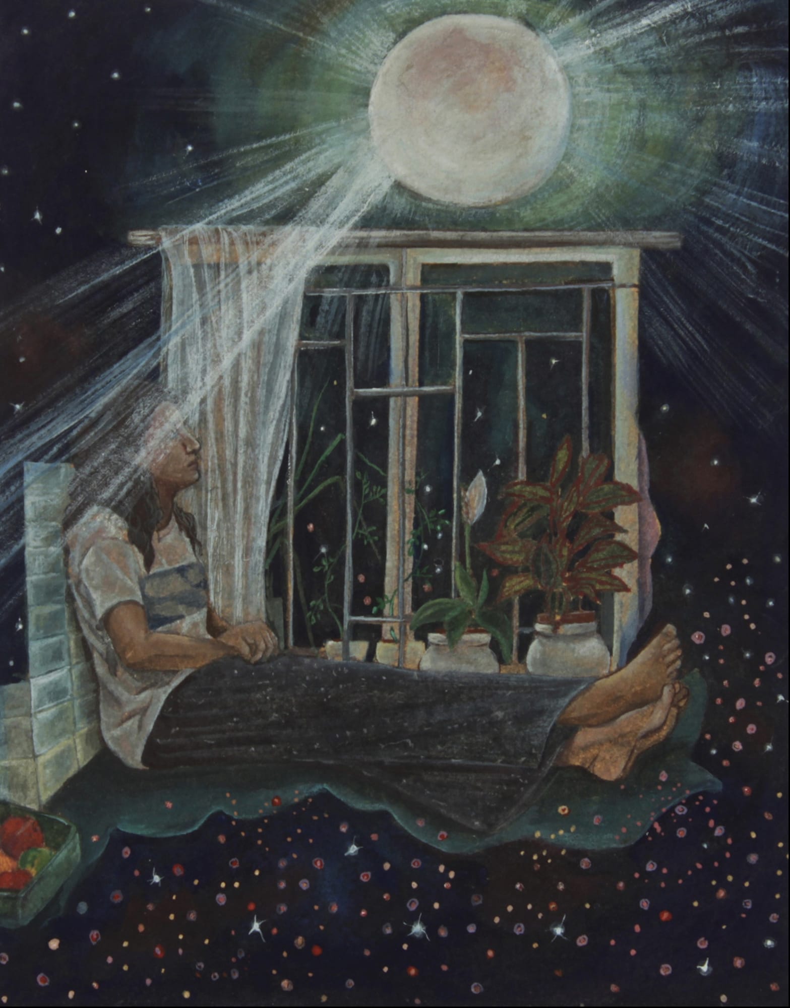 A woman sitting inside her home and looking at the moon through her curtained balcony window