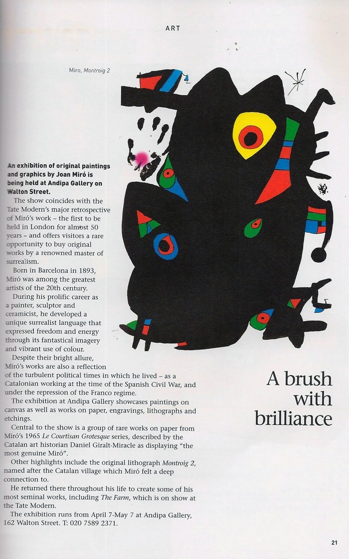 Joan Miro works on paper exhibition at Andipa gallery newspaper clipping