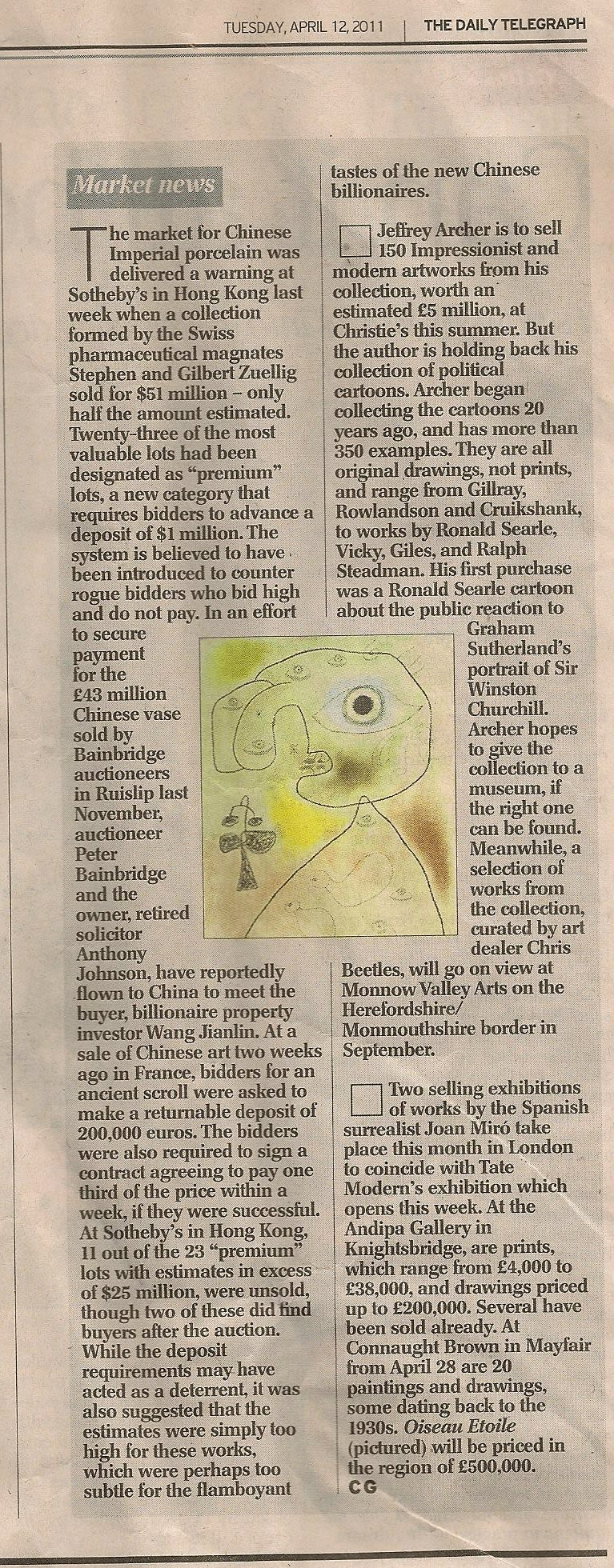Joan Miro works on paper exhibition at Andipa gallery newspaper clipping