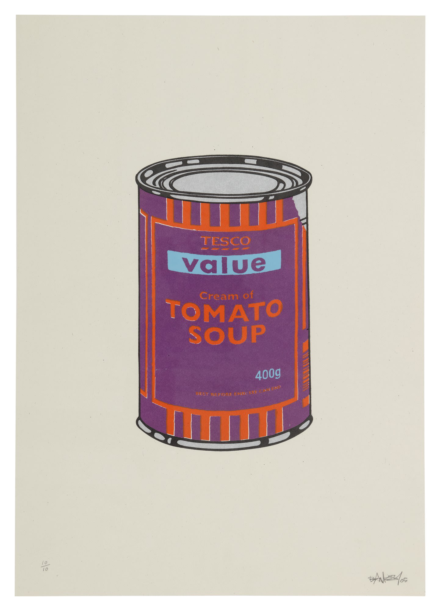 Banksy soup can purple and red