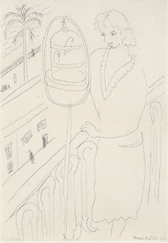 Jeune Femme au balcon, observant des perruches