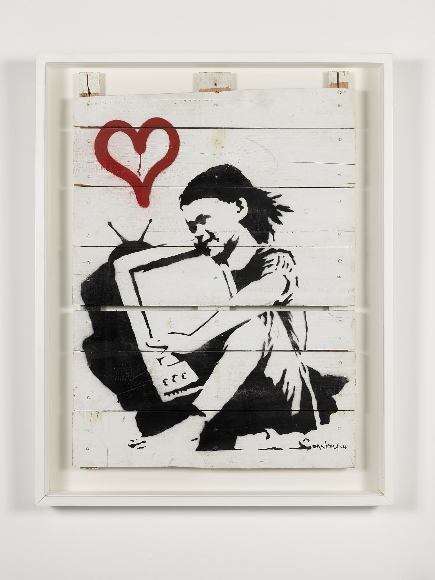 Girl with TV, 2004 94 x 67 cm Spray paint and emulsion on used pallet Unique Signed and dated '04 recto lower right Framed Pest Control COA
