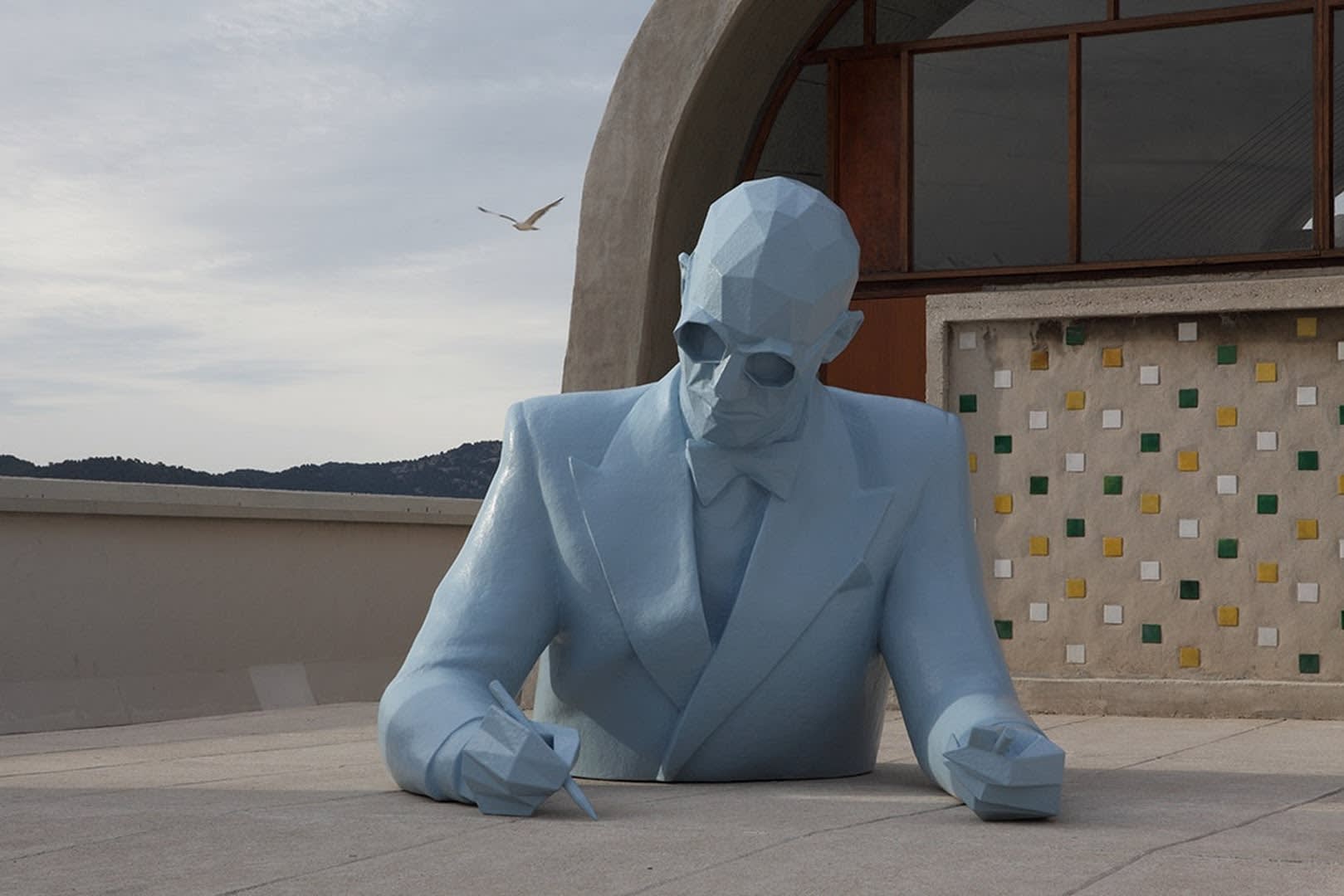 Xavier Veilhan Installation view 'Le Corbusier (Bust)', 2013 at Cité Radieuse, Marseille, France