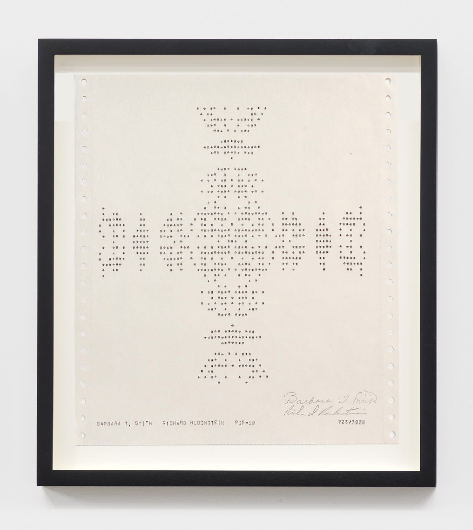 Barbara T. Smith Snowflake, 1975 PDP10 computer print on white sprocketed gate folded paper 11 x 9 1/2 in (27.9 x 24.1 cm) $5,000