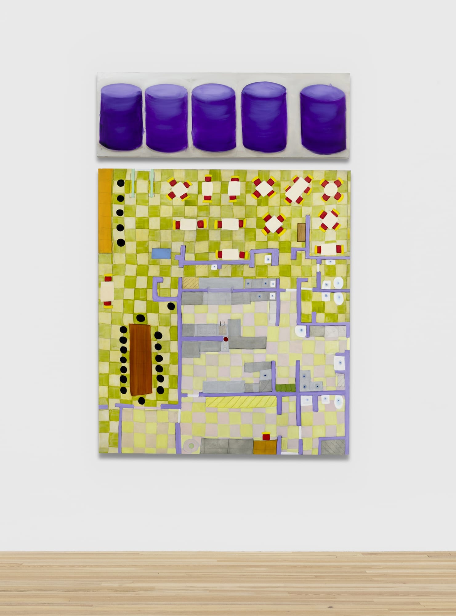 Kim Dingle Purple Ottomans - Restaurant Mandala, 2012/2020 Oil on canvas Diptych: 86 x 60 in (218.4 x 152.4 cm) overall