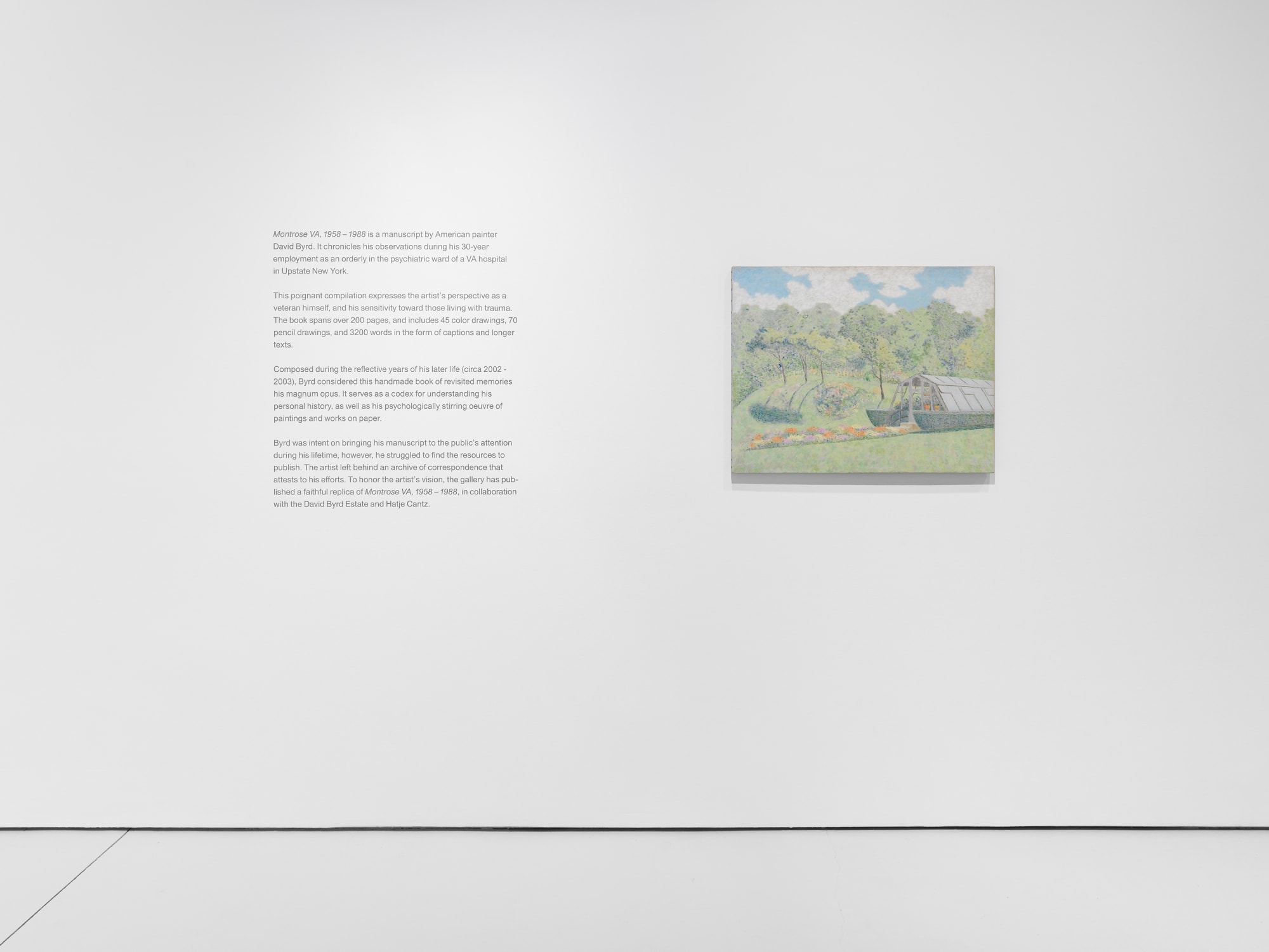 Installation view of David Byrd's exhibition on the first and second floors of the gallery. Byrd's intricate semi-impressionistic landscape titled Greenhouse at Hospital featured here.