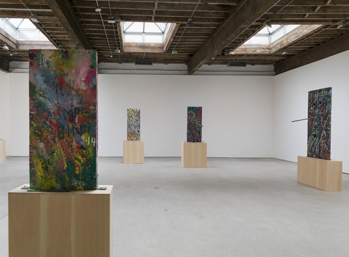 Installation view of Mark Grotjahn's fourth solo show at Anton Kern Gallery. Multiple works featured.