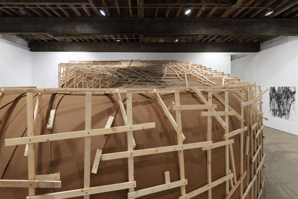 Installation view of Erik van Lieshout's first solo exhibition at Anton Kern Gallery. Outside of the tunnel.