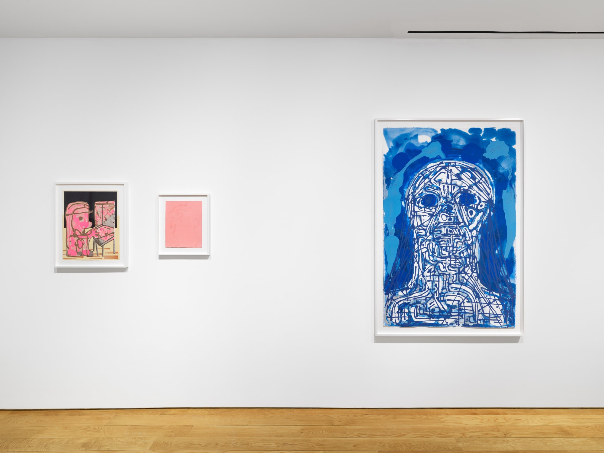 Installation view of Nicole Eisenman's exhibition at the gallery in early 2021 of maquettes and prints. Three prints featured here.