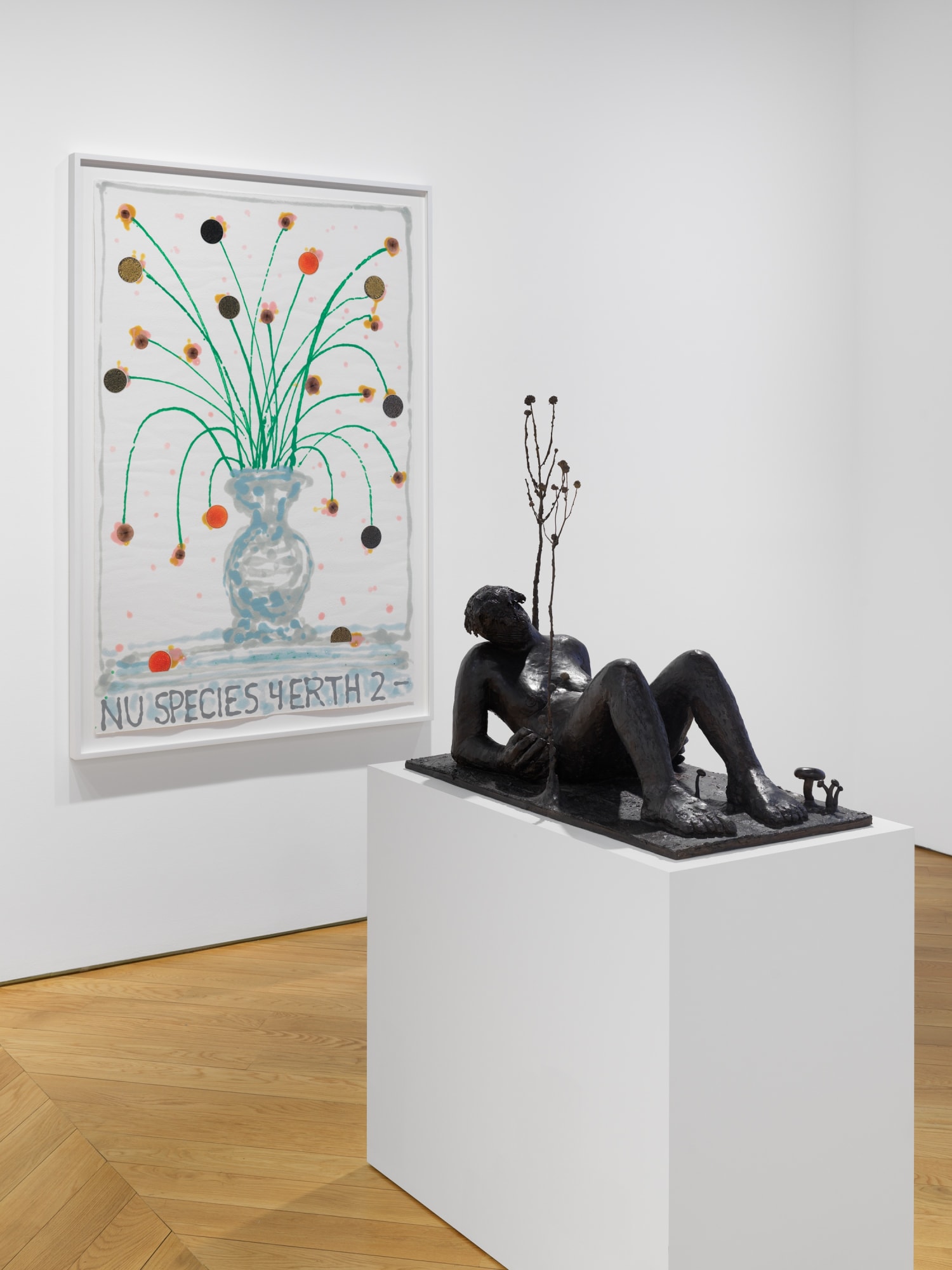Installation view of Nicole Eisenman's exhibition at the gallery in early 2021 of maquettes and prints. Another image of Nu Species 4 Erth 2 and a lounging maquette.