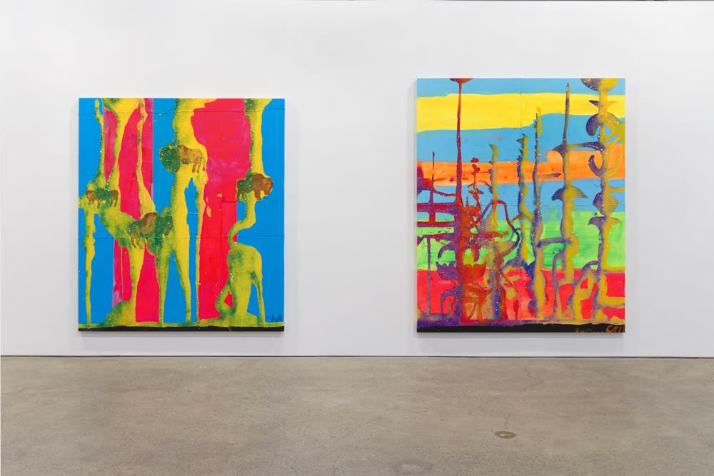 Installation view of Chris Martin's first solo show at Anton Kern Gallery, featuring a select few paintings from a summer of working in Upstate New York. Two works present.