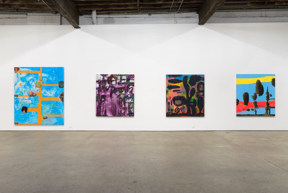 Installation view of Chris Martin's first solo show at Anton Kern Gallery, featuring a select few paintings from a summer of working in Upstate New York. A few works featured in this view.