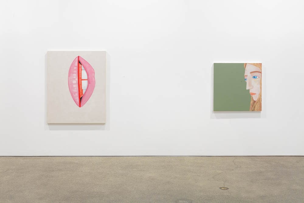 Installation view of Brian Calvin's fourth show at Anton Kern Gallery, featuring a group of paintings of faces, lips, mouths, poses, and a mirror. Vertical lips and a posed figure on a chartreuse background.