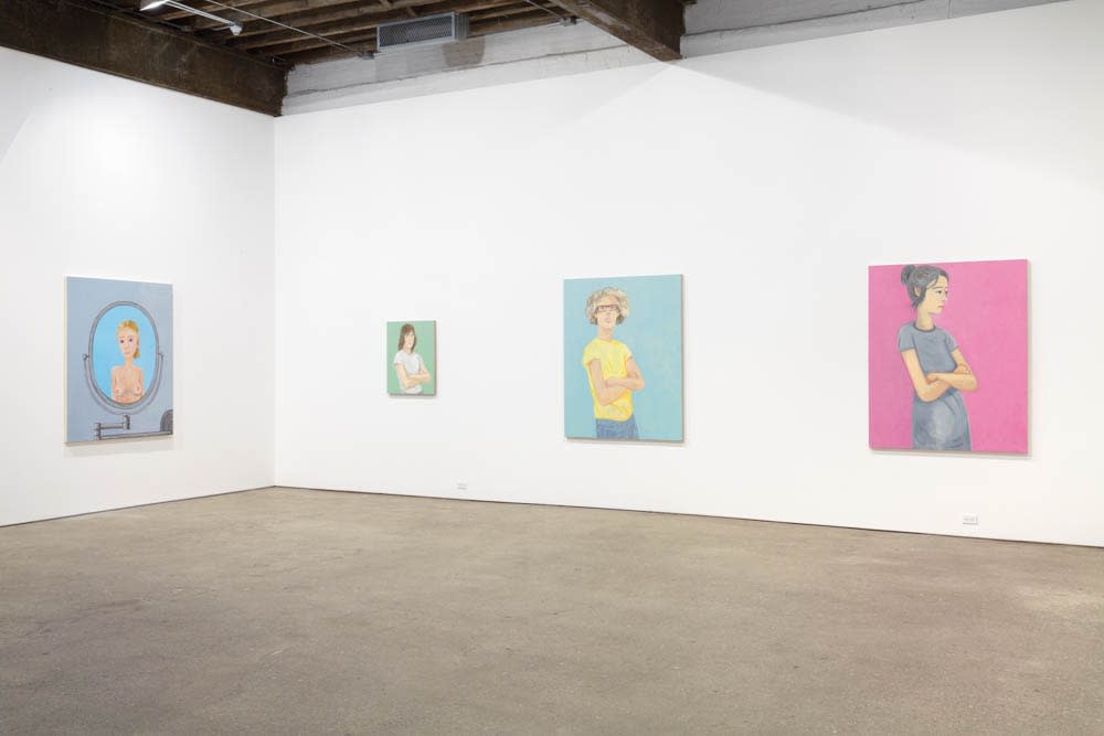 Installation view of Brian Calvin's fourth show at Anton Kern Gallery, featuring a group of paintings of faces, lips, mouths, poses, and a mirror. Some additional works.
