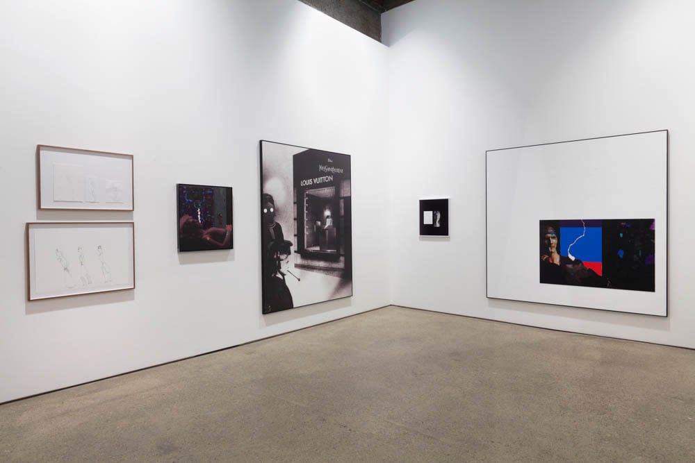 Installation view of Lothar Hempel's show at Anton Kern Gallery, featuring eight mixed media works along with a film screening at the Kitchen. Multiple works shown.