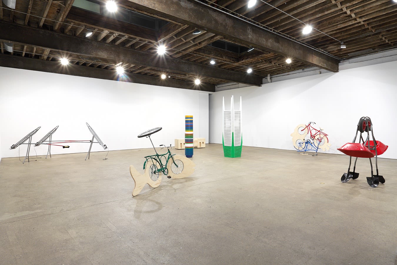 Installation view of Marepe's third solo show at Anton Kern Gallery, featuring seven readymade sculptures. Another view of the show.