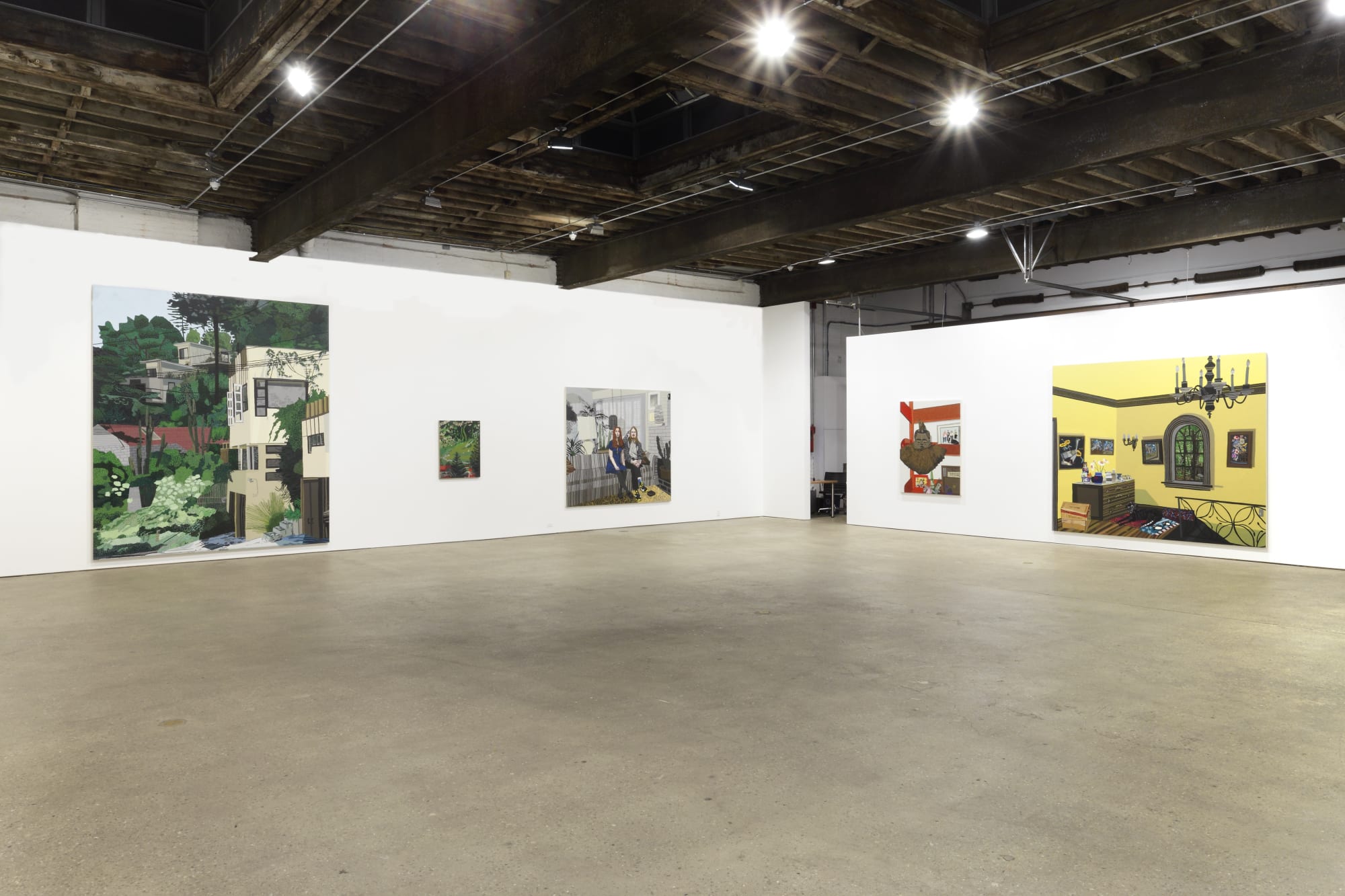 Installation view of Jonas Wood's fourth solo show at Anton Kern Gallery, featuring a collection of paintings. A few works featured.