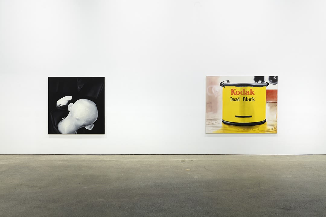 Installation view of Wilhelm Sasnal's fifth solo exhibition at Anton Kern Gallery, featuring works that revolve around the theme of Kodak as a corporation and manufacturer. Two works featured.