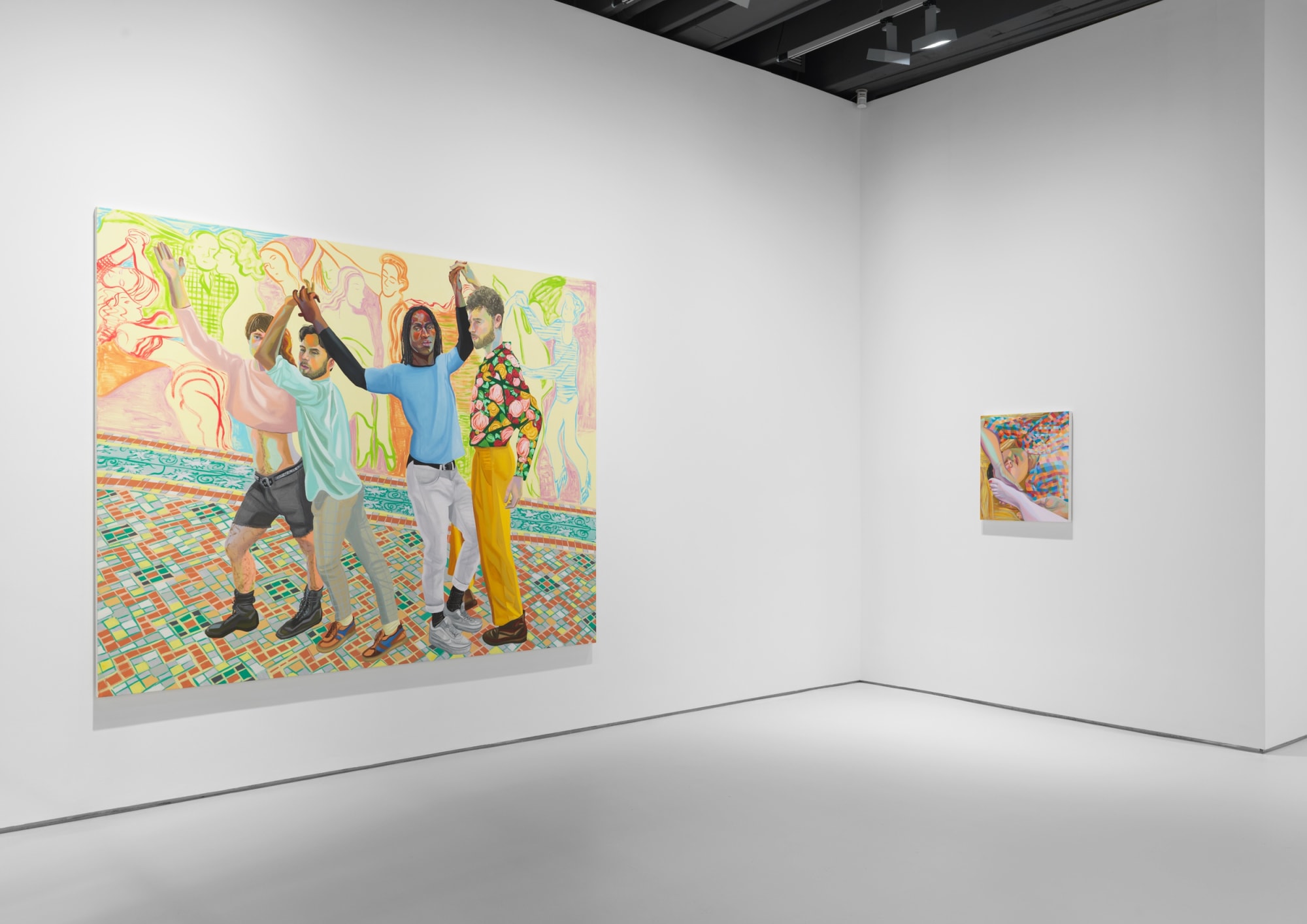 Installation view of Aliza Nisenbaum's solo exhibition of the gallery featuring large paintings. Two works shown.