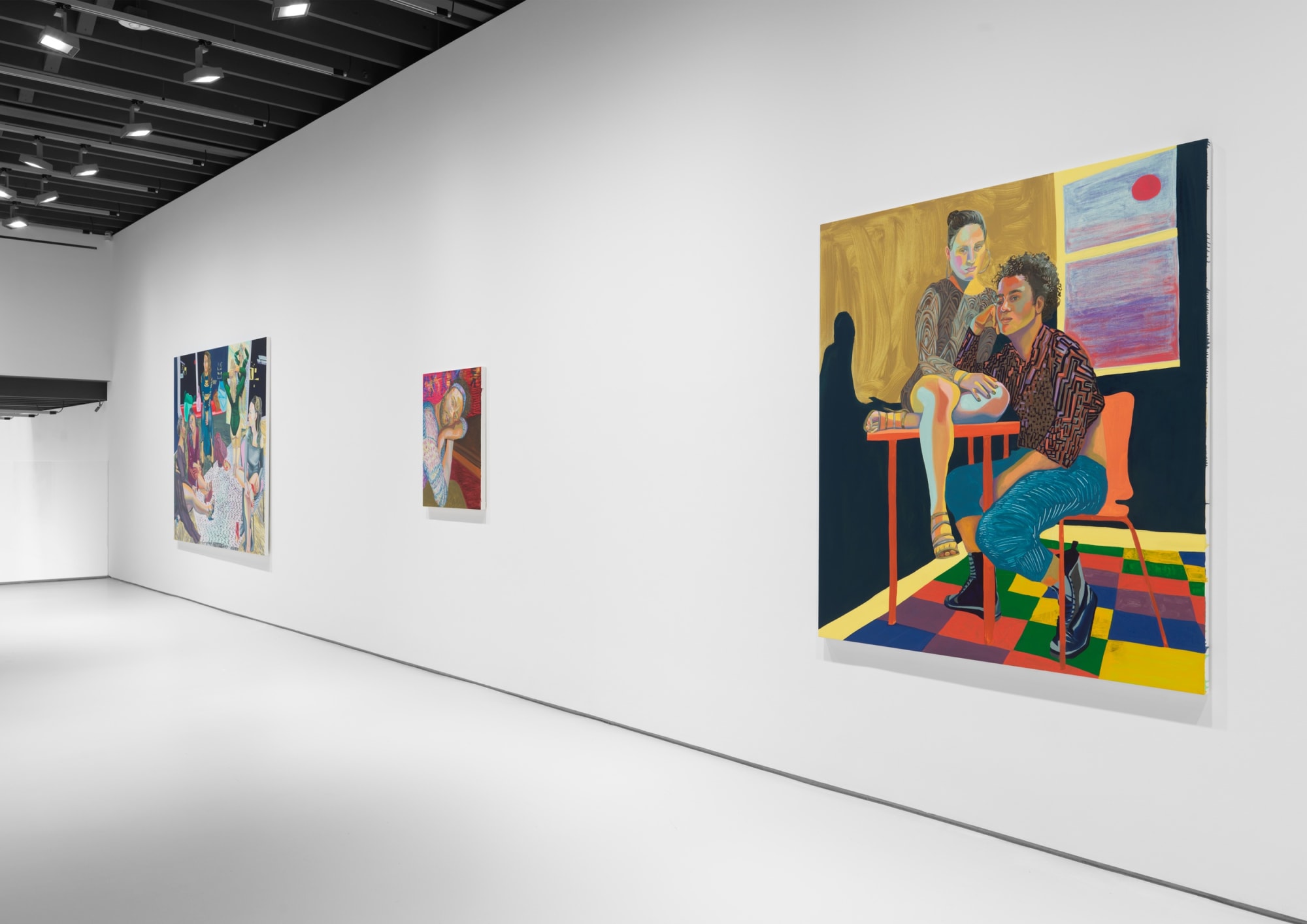 Installation view of Aliza Nisenbaum's solo exhibition of the gallery featuring large paintings.