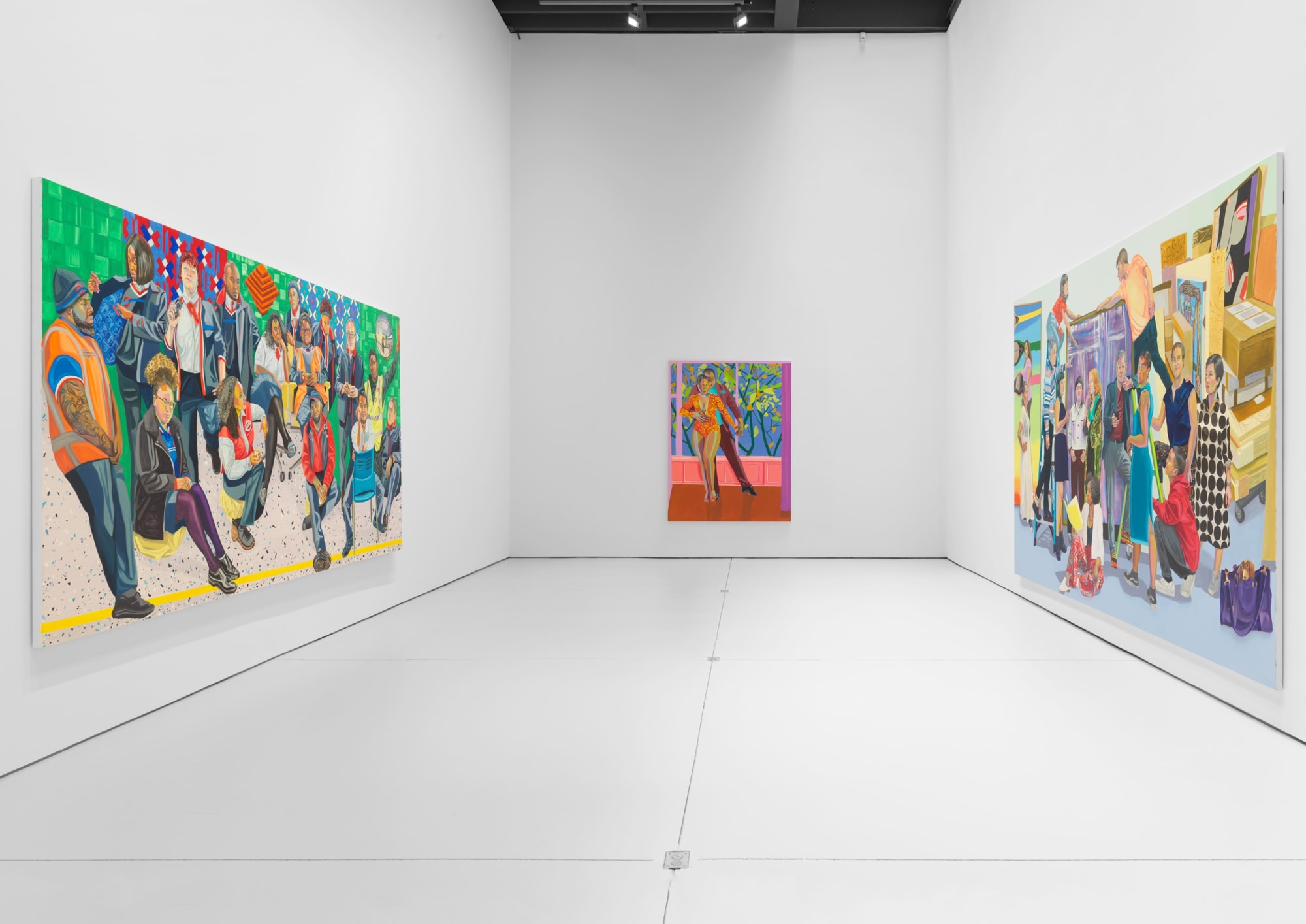 Installation view of Aliza Nisenbaum's solo exhibition of the gallery featuring large paintings. Three works shown.