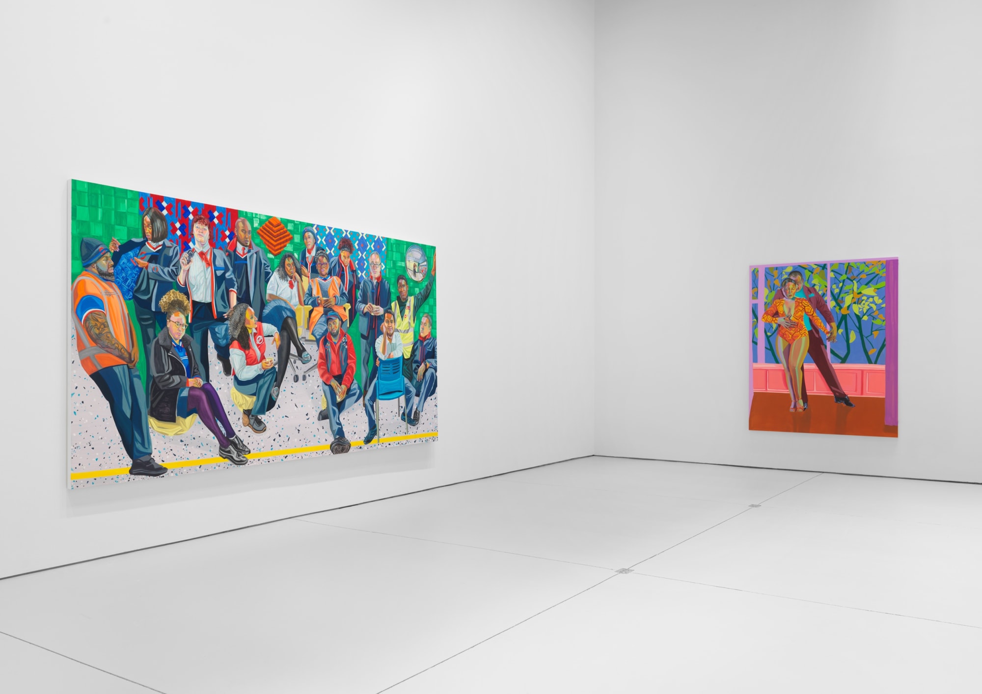 Installation view of Aliza Nisenbaum's solo exhibition of the gallery featuring large paintings. Large horizontal, muralist work featured here.