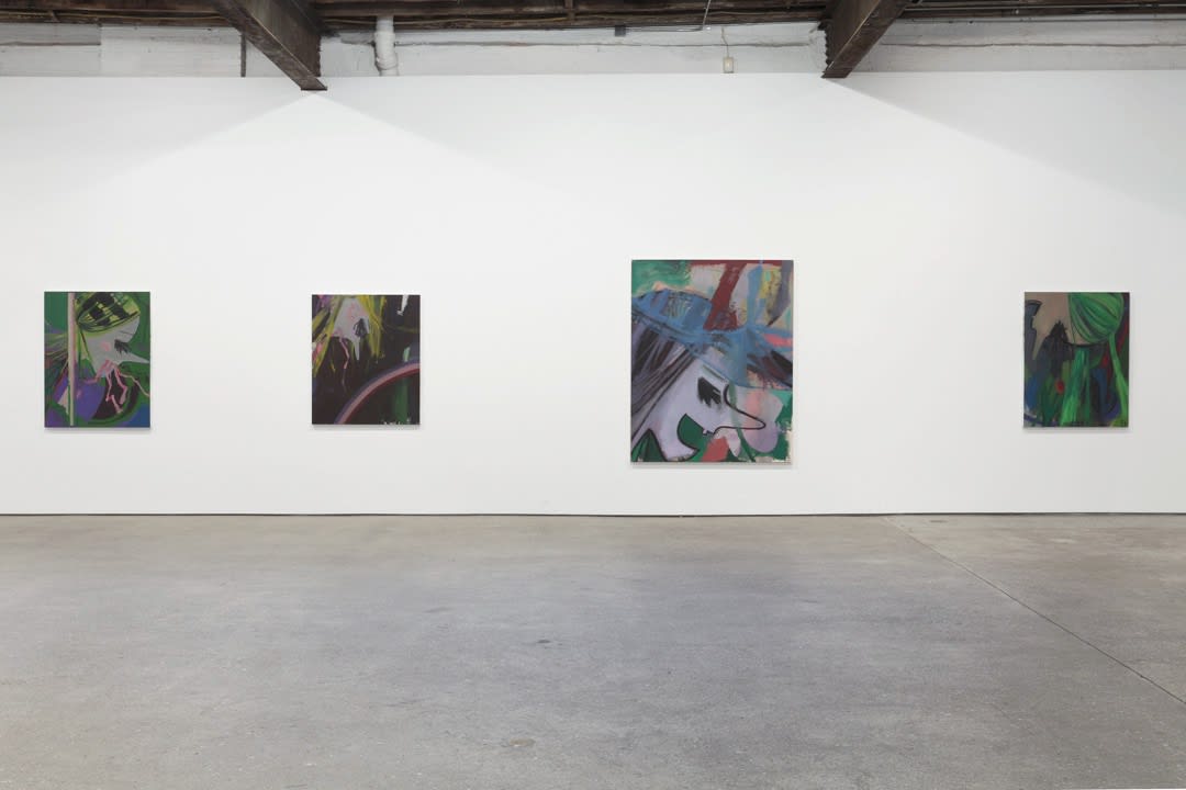 Installation view of Ellen Berkenblit's solo show. Two works featured.