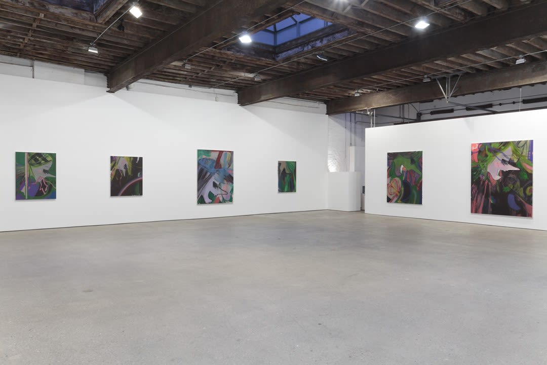 Installation view of Ellen Berkenblit's solo show. Four works shown.