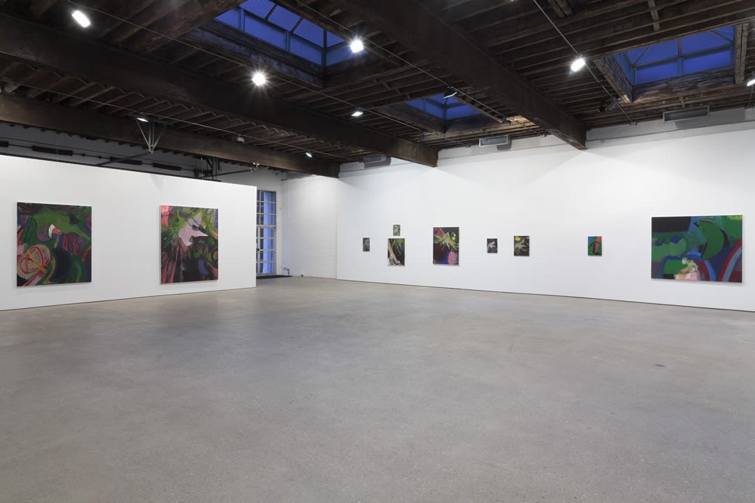 Installation view of Ellen Berkenblit's solo show. Multiple works presented.