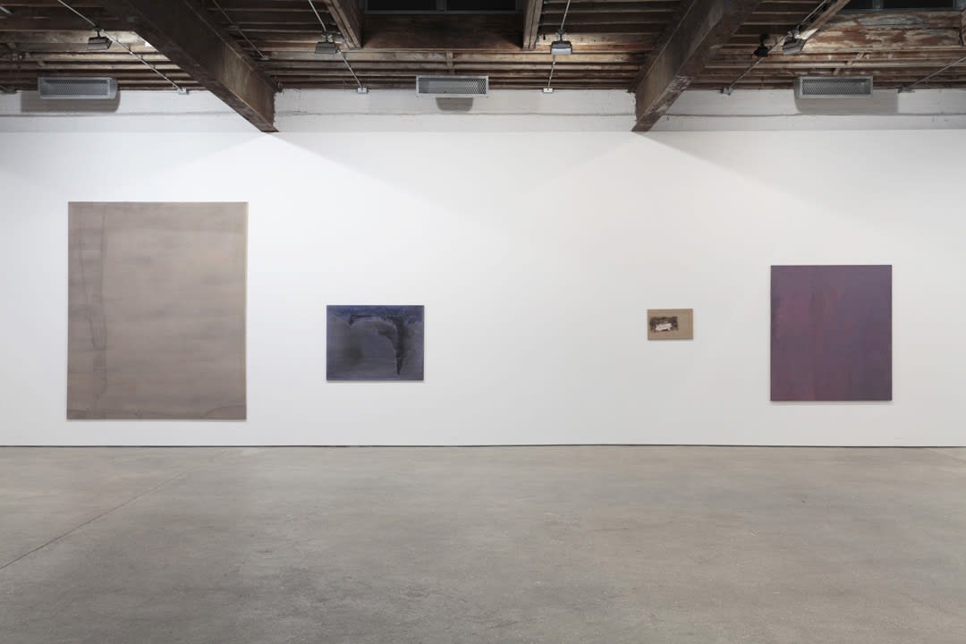 Installation view of Danish artist Sergej Jensen's third solo show at Anton Kern Gallery, featuring a new body of paintings. Four works of varying sizes featured.