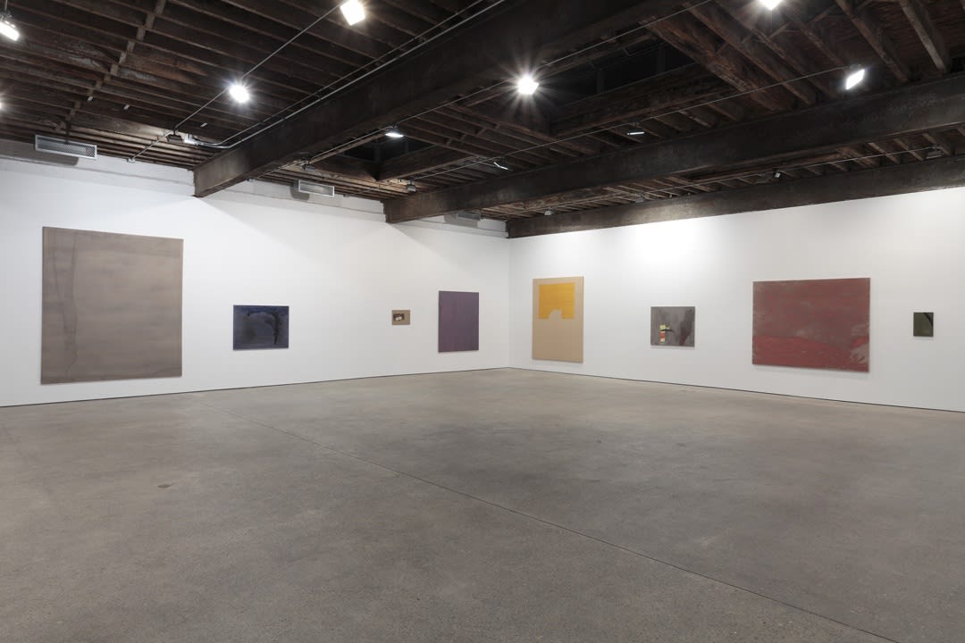 Installation view of Danish artist Sergej Jensen's third solo show at Anton Kern Gallery, featuring a new body of paintings. Multiple works shown.