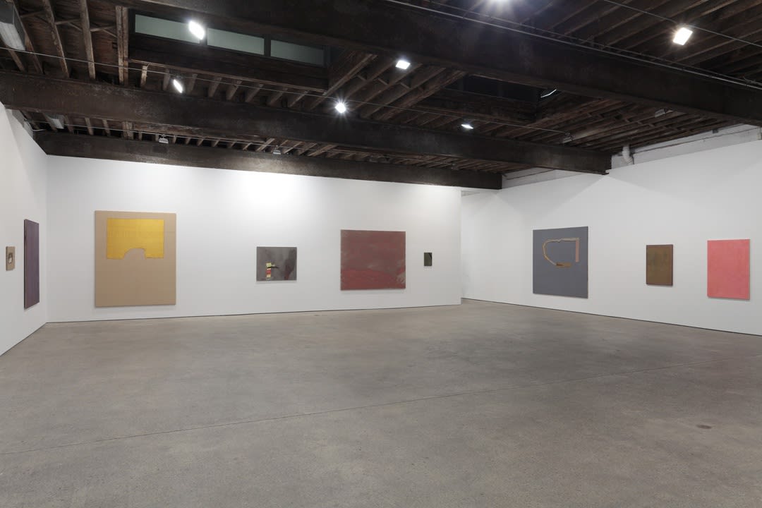 Installation view of Danish artist Sergej Jensen's third solo show at Anton Kern Gallery, featuring a new body of paintings. Many works featured.