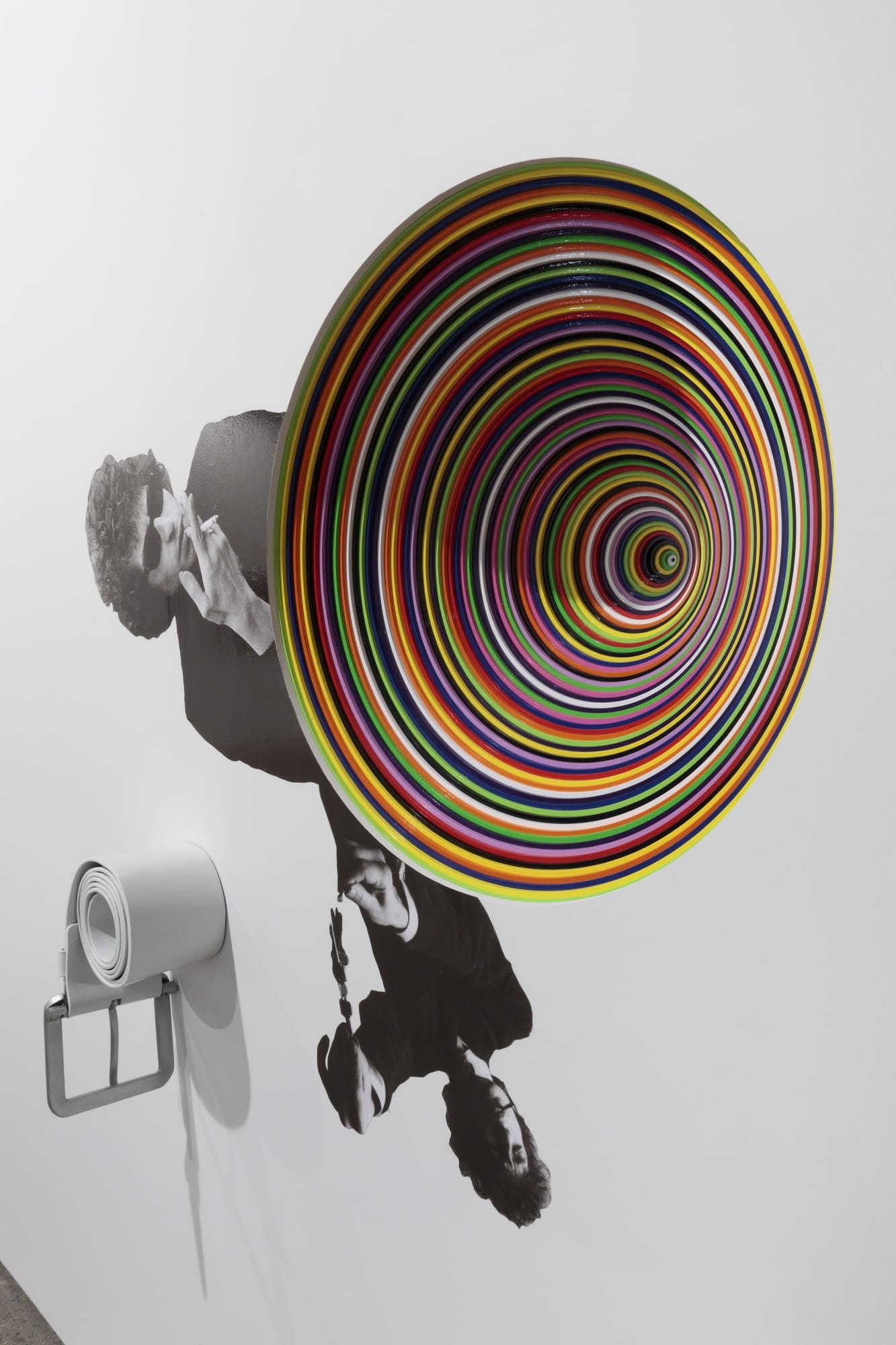 Installation view of Jim Lambie's fifth show at Anton Kern Gallery, presenting a body of sculptures. Detail of Bob Dylan vortex.