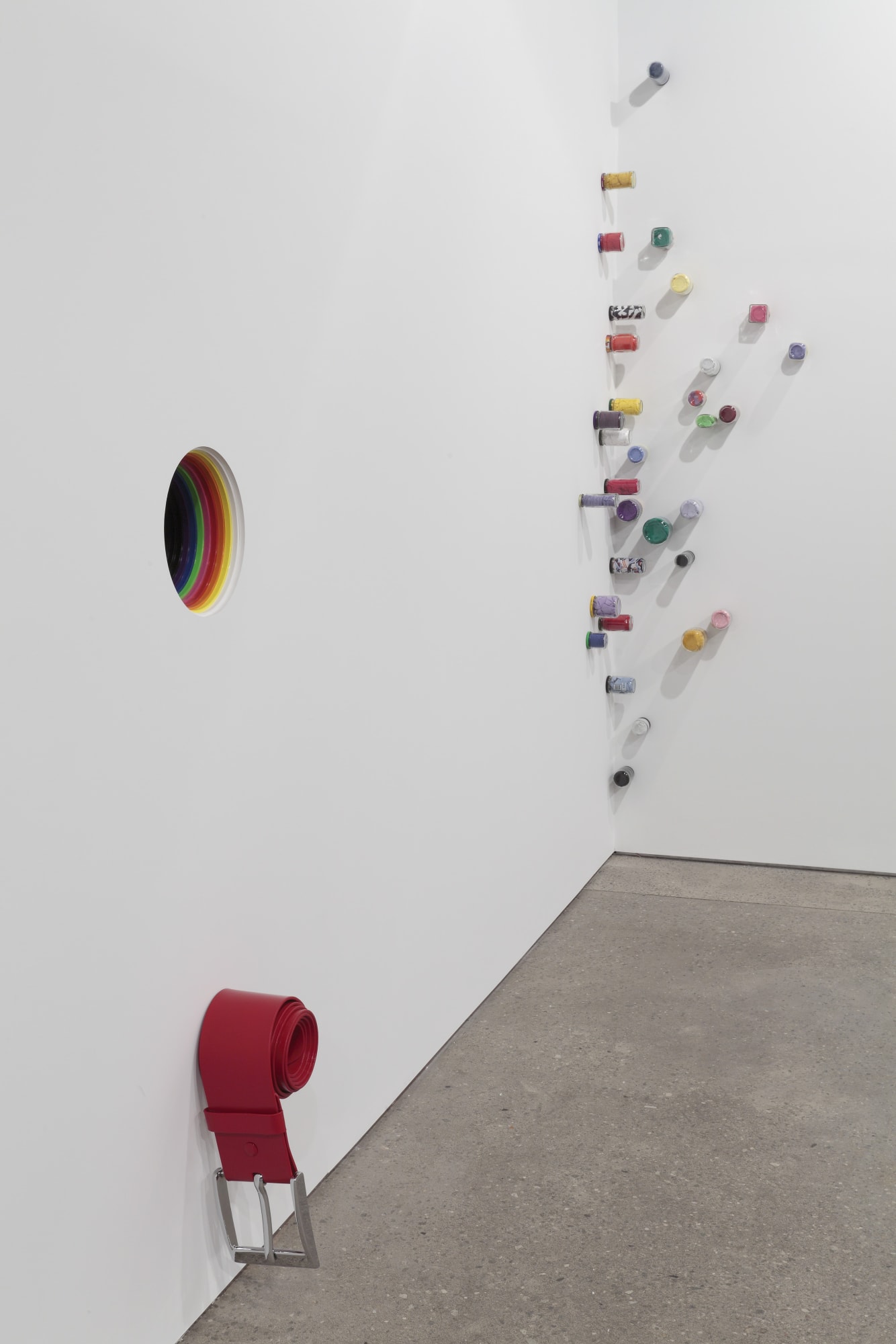 Installation view of Jim Lambie's fifth show at Anton Kern Gallery, presenting a body of sculptures. A few works featured.