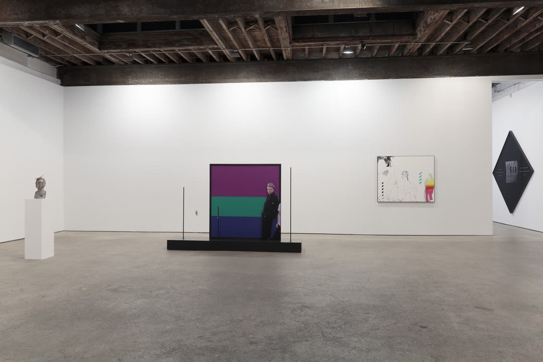 Installation view of Lothar Hempel's ninth solo show, featuring sculptures, paintings, photomontages, and seven collages. A few works featured.