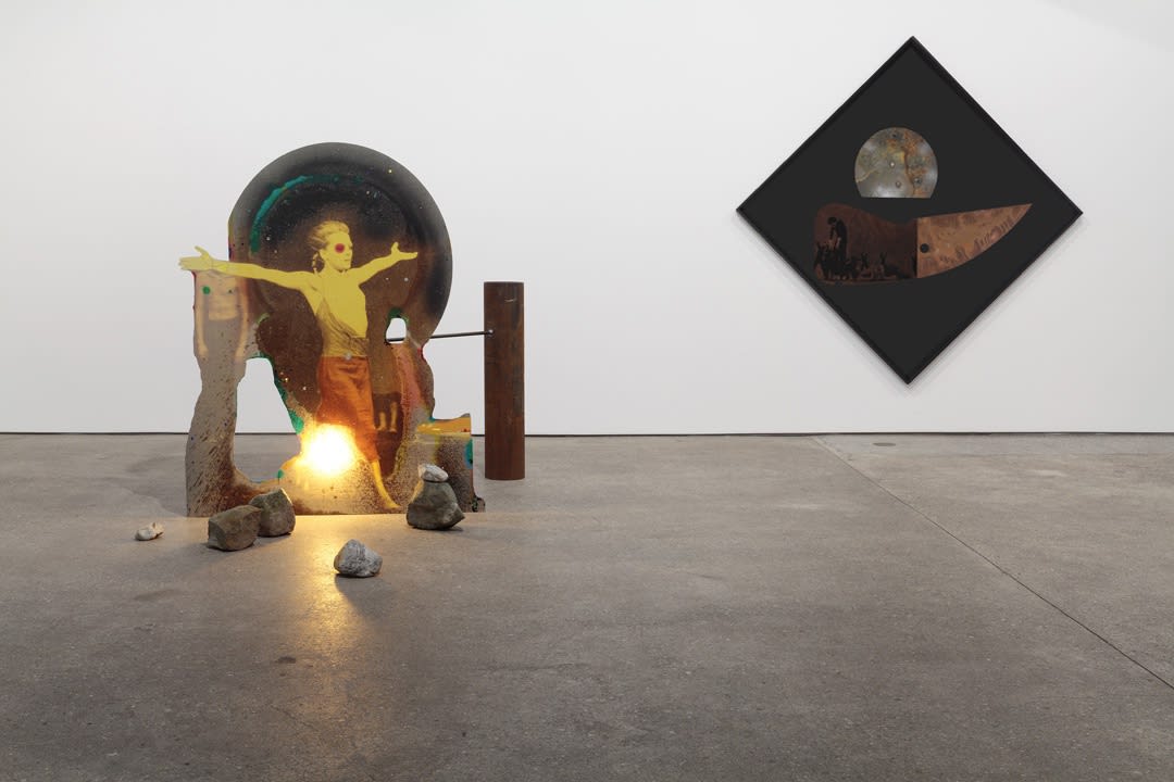 Installation view of Lothar Hempel's ninth solo show, featuring sculptures, paintings, photomontages, and seven collages. Sculpture and diamond shaped photomontage featured.