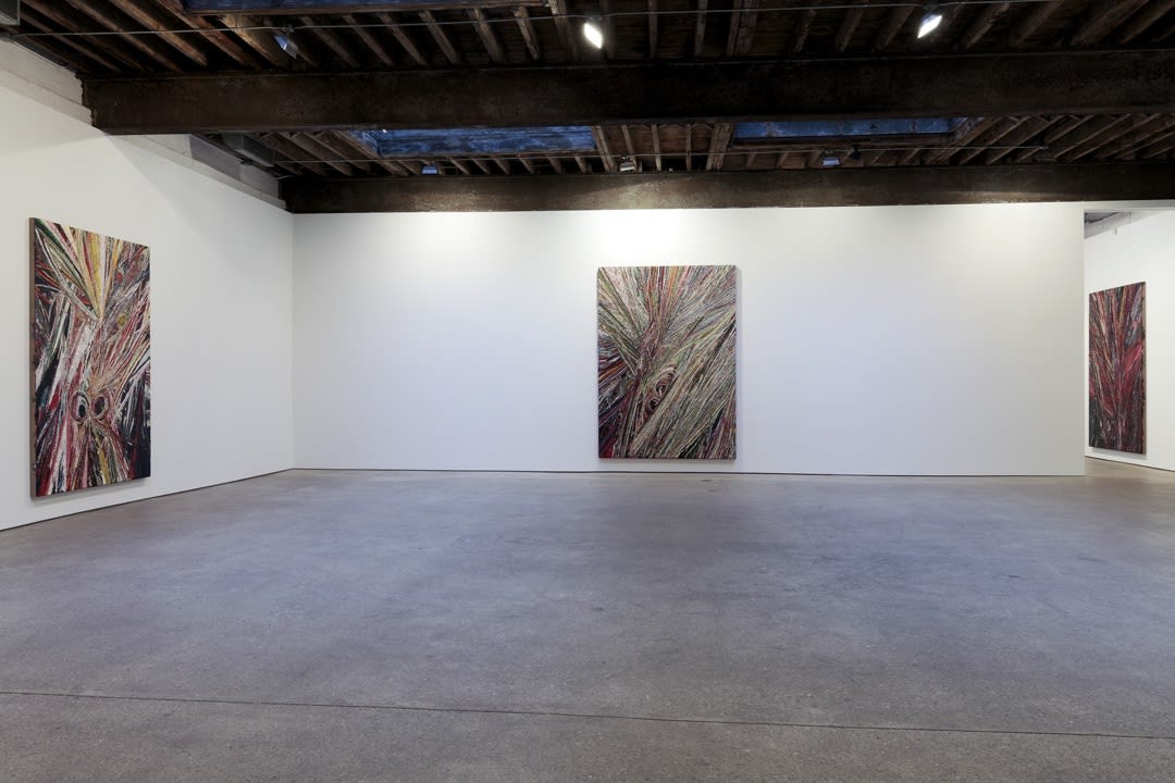 Installation view of Mark Grotjahn's solo show. A few works shown.