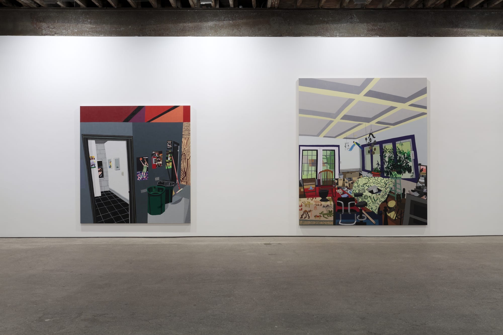 Installation view of Jonas Wood's third solo show at Anton Kern Gallery. Two works, investigating interior spaces, shown.