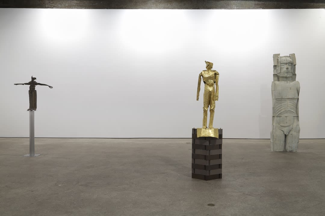 Installation view of Matthew Monahan's fifth solo show at Anton Kern gallery, featuring new sculptures and drawings. Three sculptures shown.