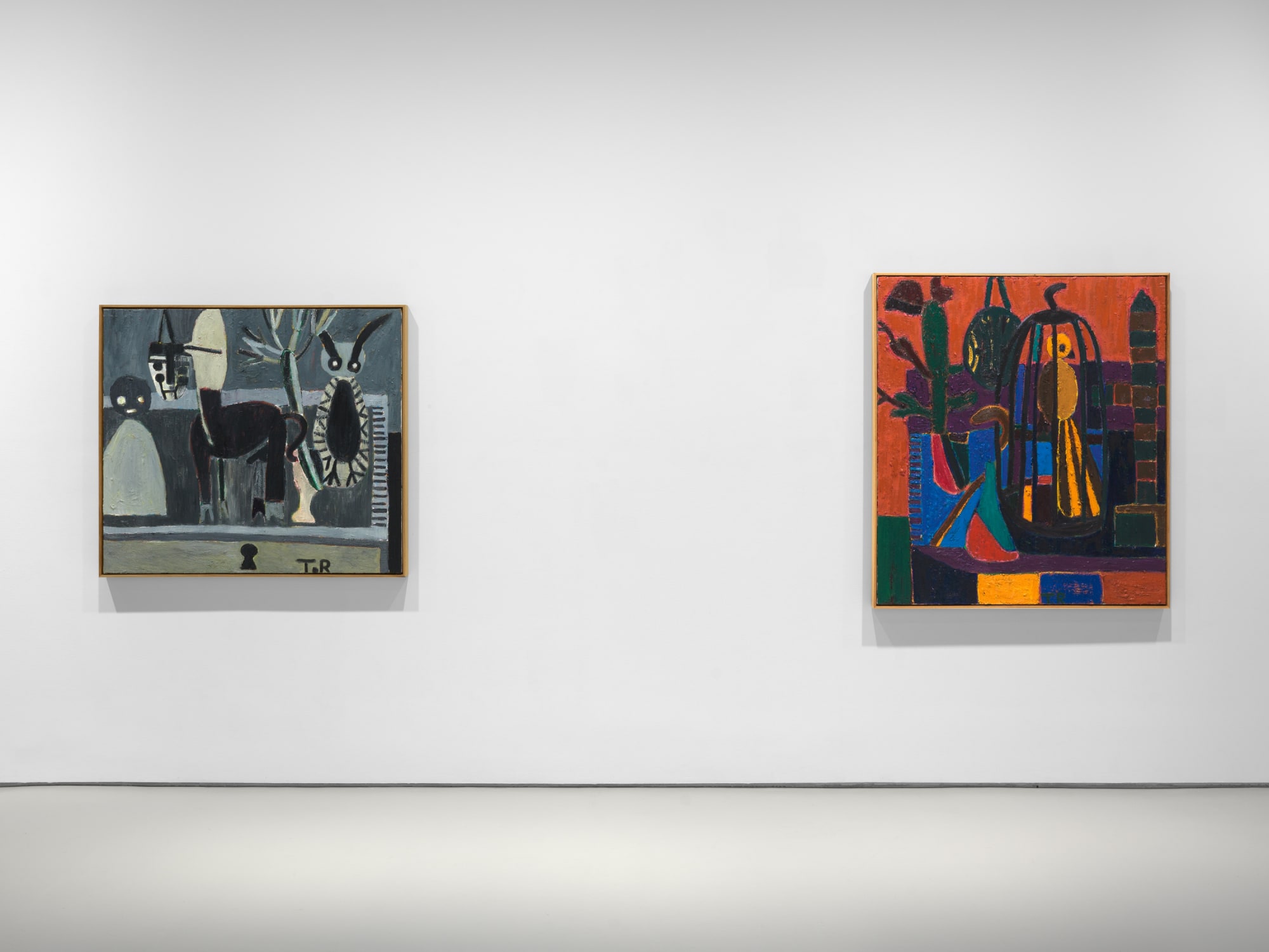 Installation view of Tal R's first exhibition with the gallery featuring paintings and sculptures, two paintings shown.