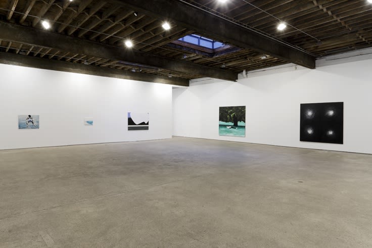 Installation view of Wilhelm Sasnal's fourth solo show at Anton Kern gallery, featuring a body of paintings organized around subject matters concerning personal contemporary life. Distant shot of main gallery floor, multiple works featured.
