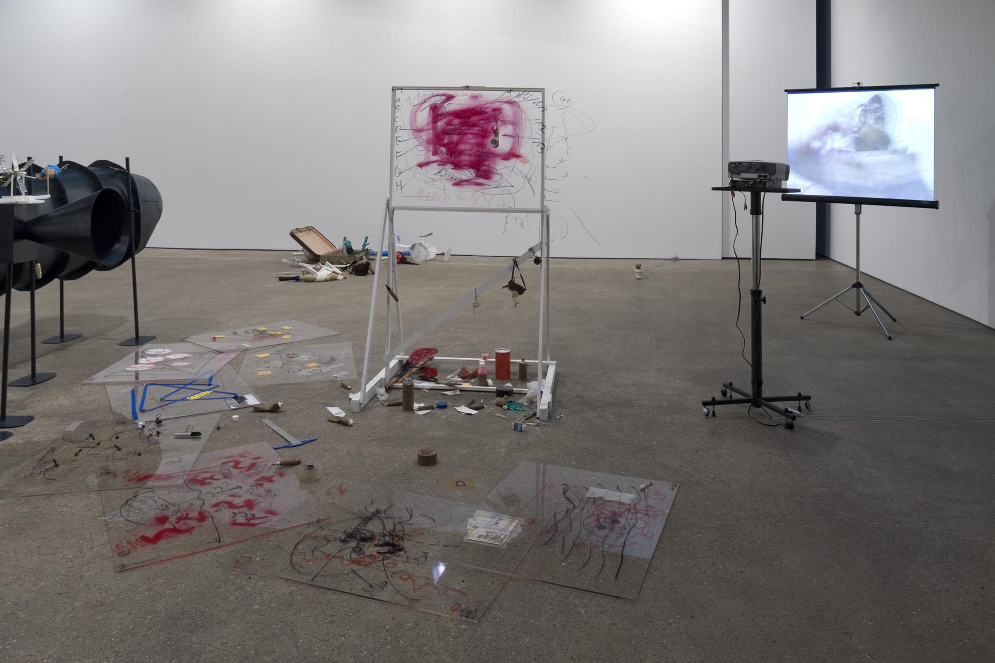 Installation view of John Bock's fifth show at Anton Kern Gallery. Drawing frame pictured here.