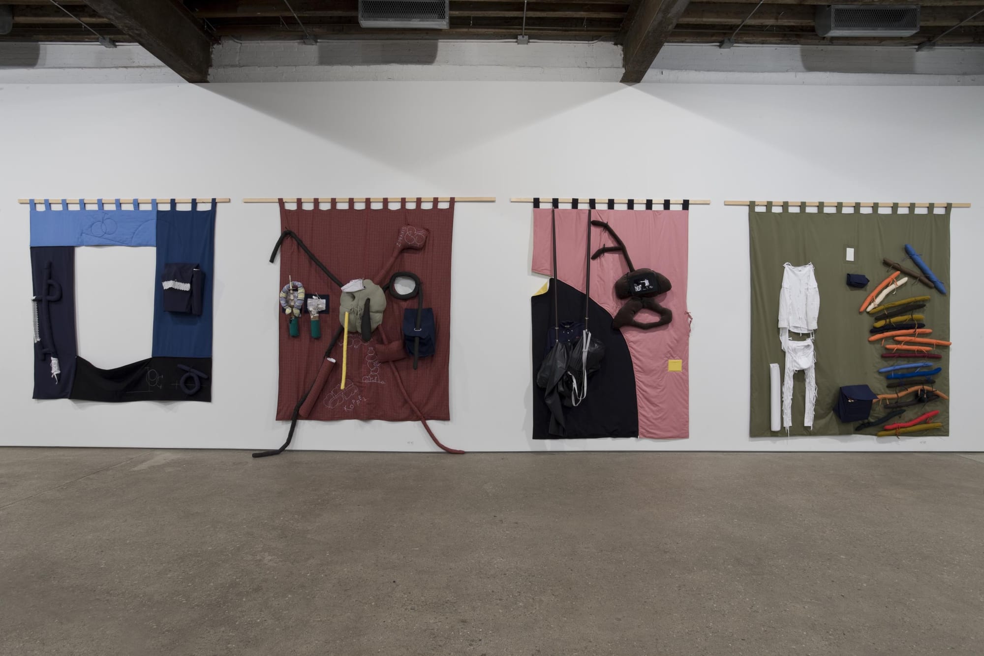 Installation view of John Bock's fifth show at Anton Kern Gallery. Four fabric works.