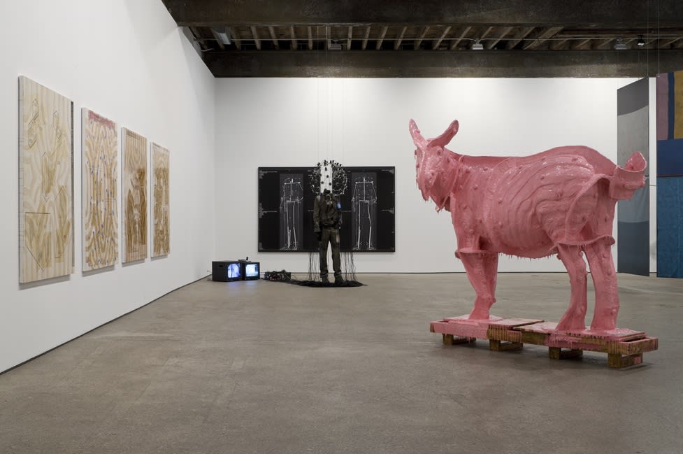Installation view of Michael Joo's solo show. Joo's Doppelganger (Pink Rocinante) in center of picture.