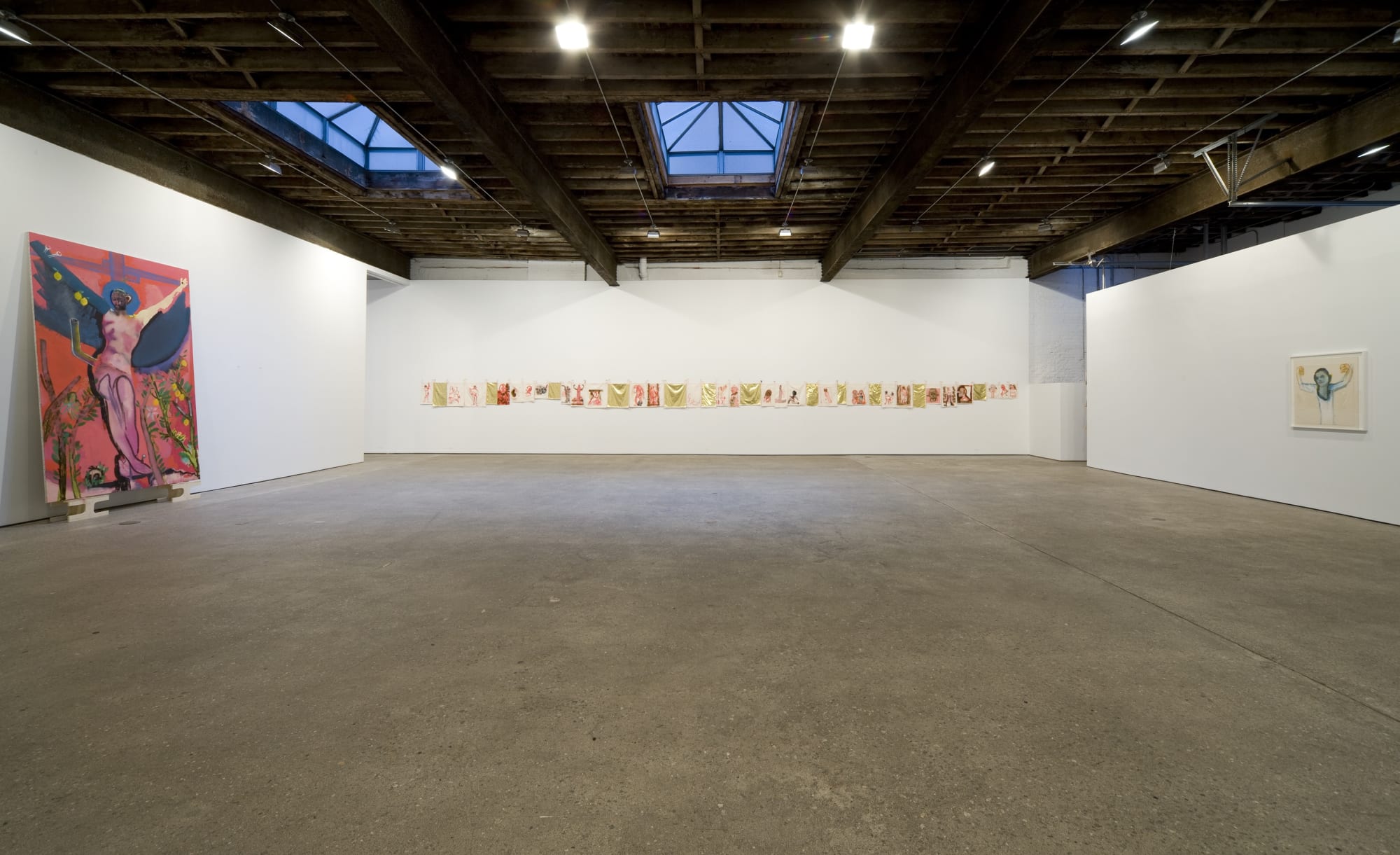 Installation view of Alessandro Pessoli's fourth solo show which features drawings, paintings, collage, and sculpture. A few works present.