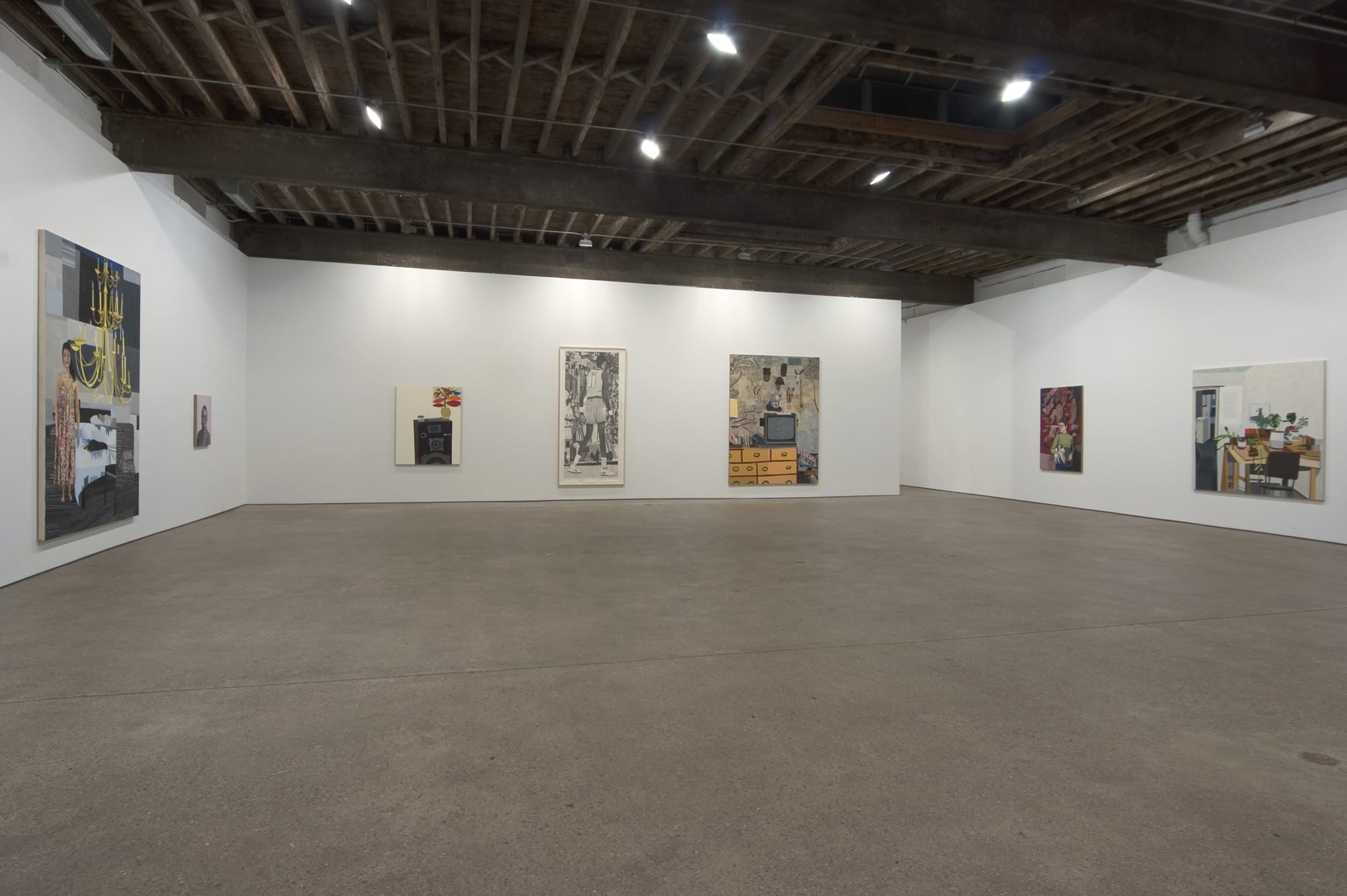 Installation view of Jonas Wood's second solo show, featuring paintings of interiors, family members, still lifes, and a few NBA players. A few large works featured.