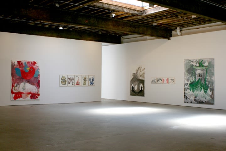 Installation view of Bendix Harms' solo show entitled Lenenslieben or Loves of Life. Distanced view of many works.