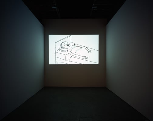 Installation view of David Shrigley's third solo show at Anton Kern Gallery, featuring paintings, signs, sculptures, and one film. Film still.