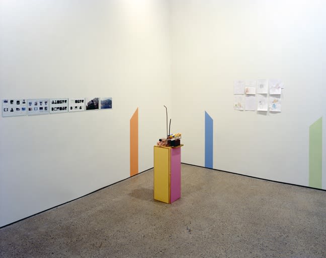 Installation view of Manfred Pernice's fourth solo show at Anton Kern Gallery, consisting of one multi-element work which occupies the entire gallery space. Some other works on the periphery of the gallery.