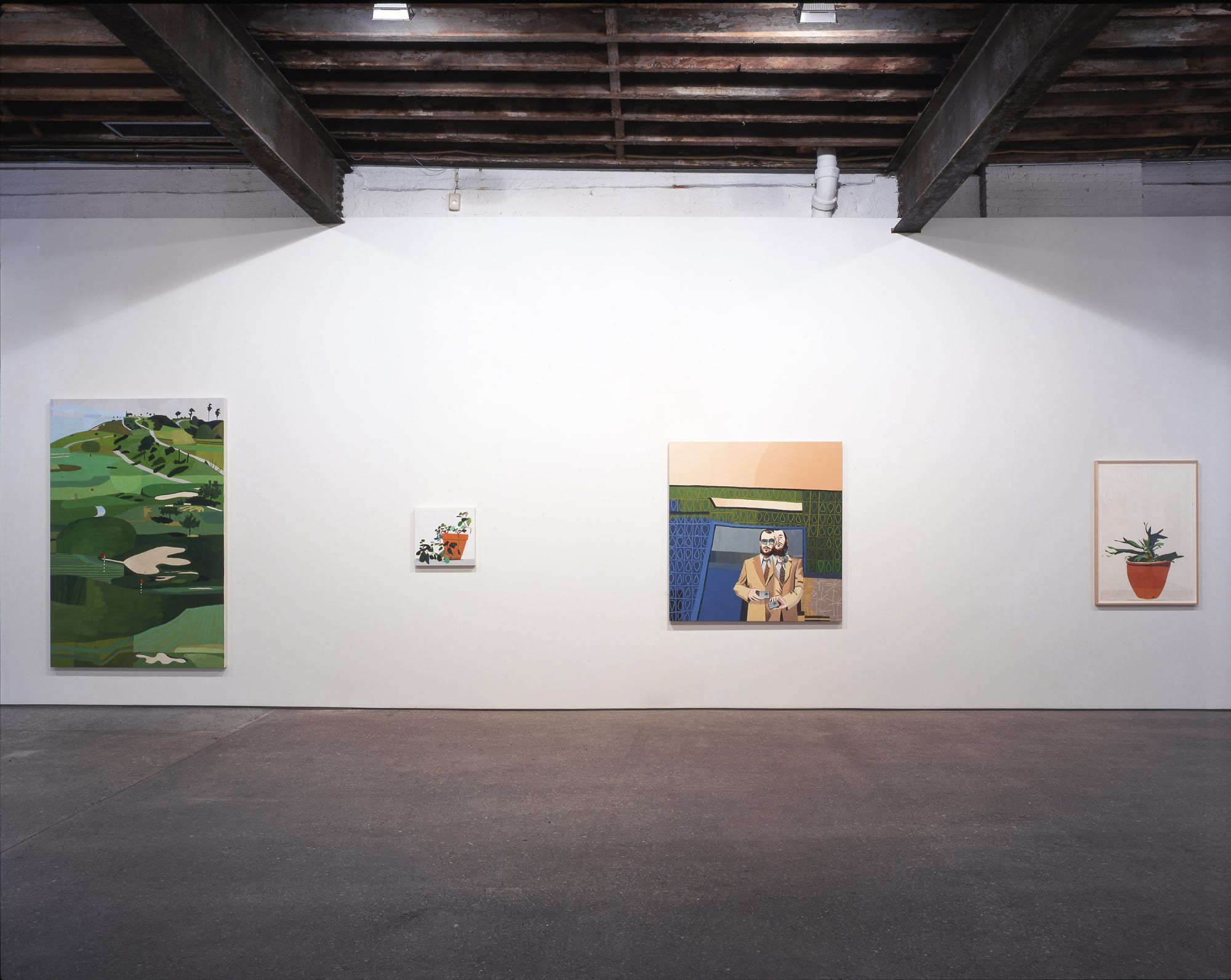 Installation view of Jonas Wood's first solo show in New York, featuring a group of paintings and some watercolor drawings. Four works featured.